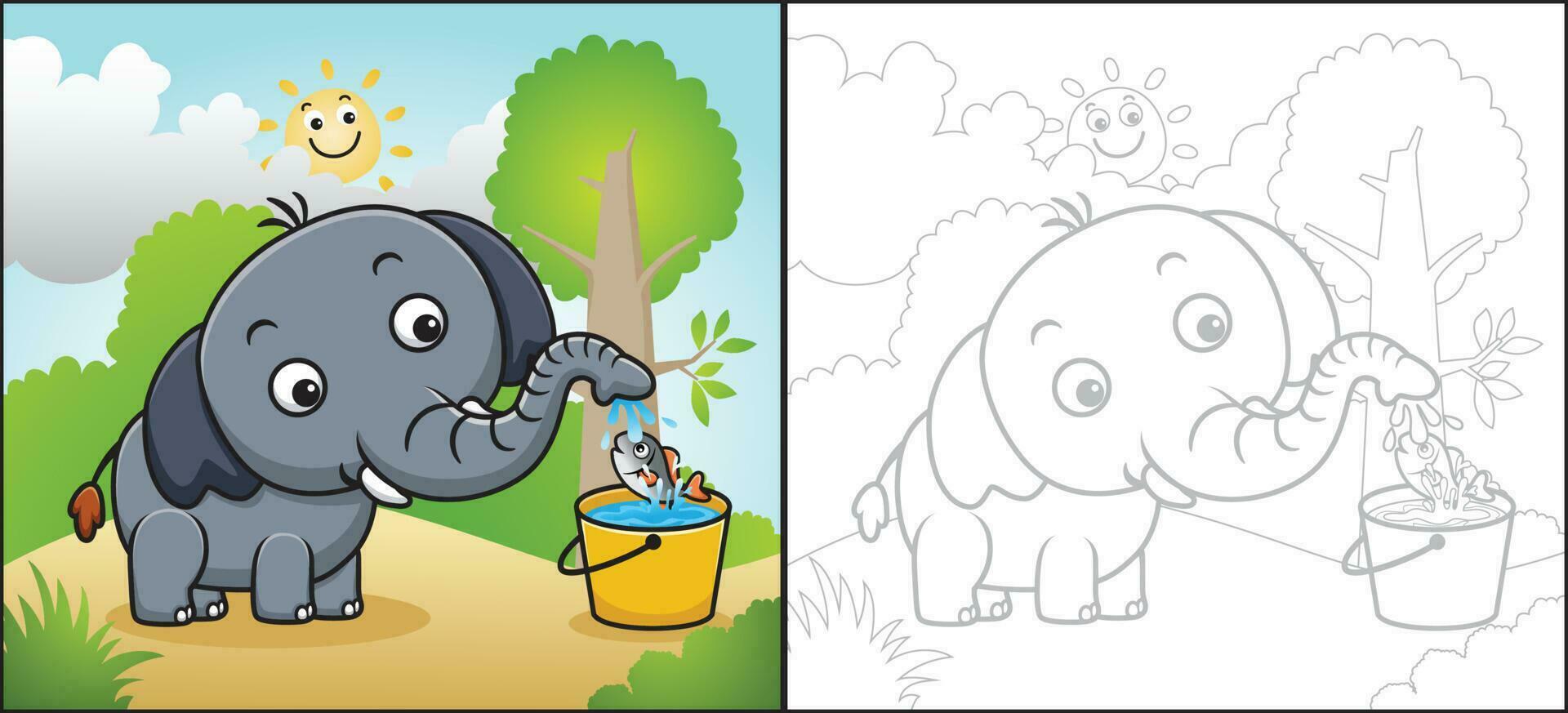 Vector cartoon of cute elephant with fish in bucket, smiling sun behind cloud. Coloring book or page