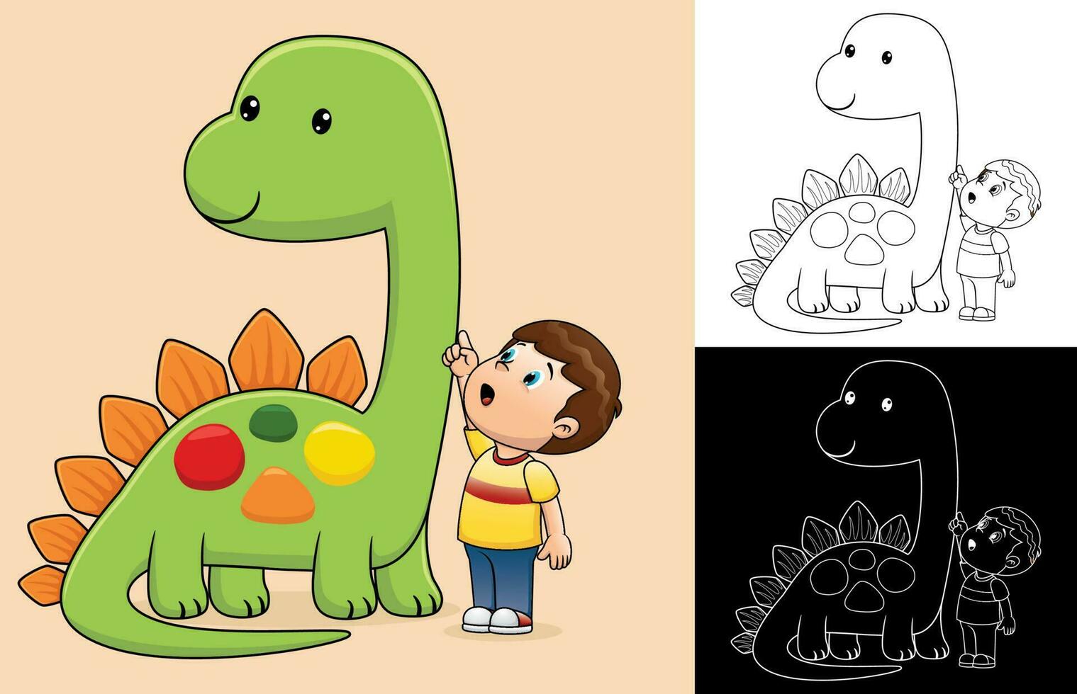 Vector cartoon of little boy with giant dinosaur