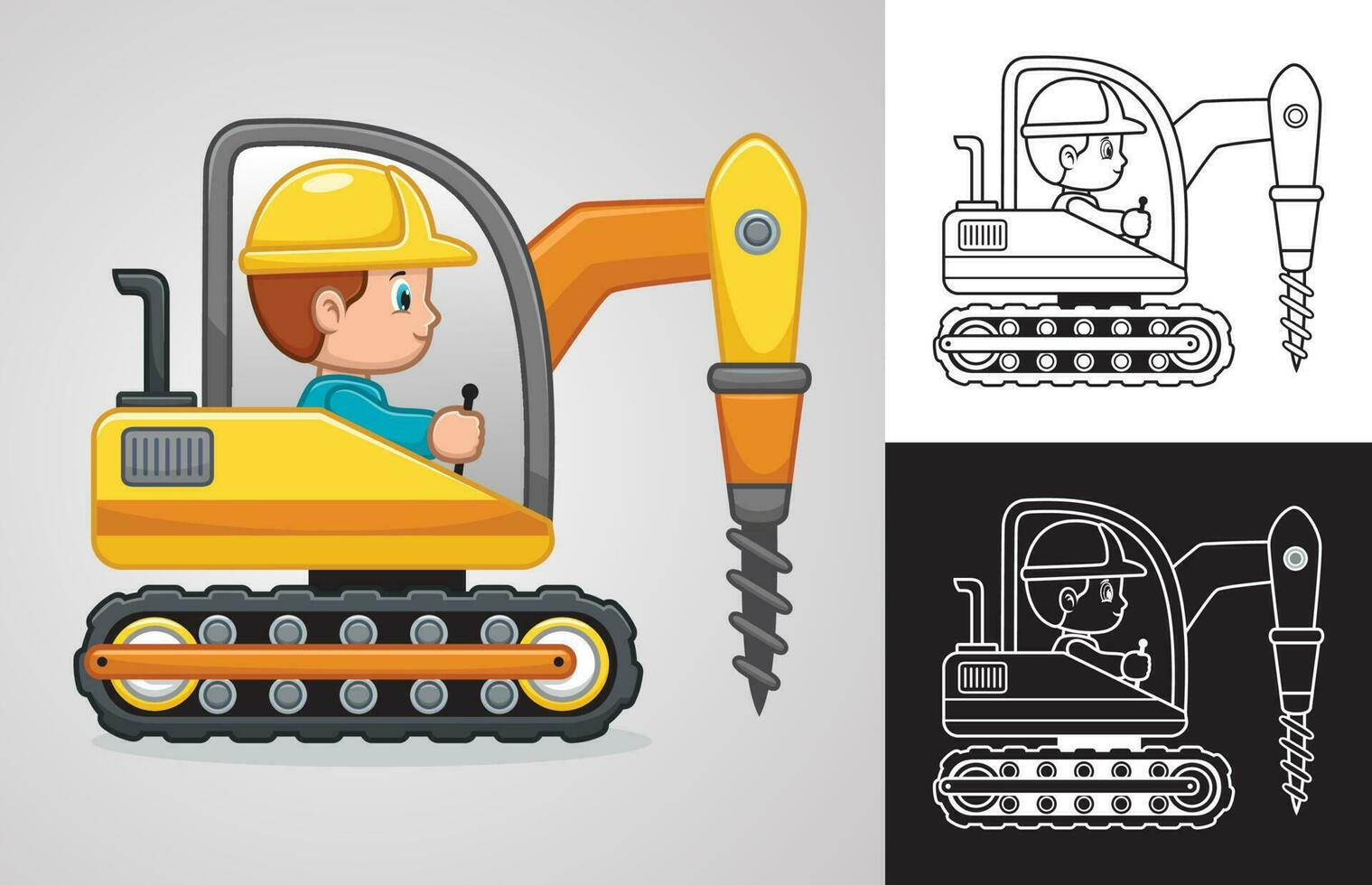 vector dibujos animados de pequeño chico en perforación máquina vehículo