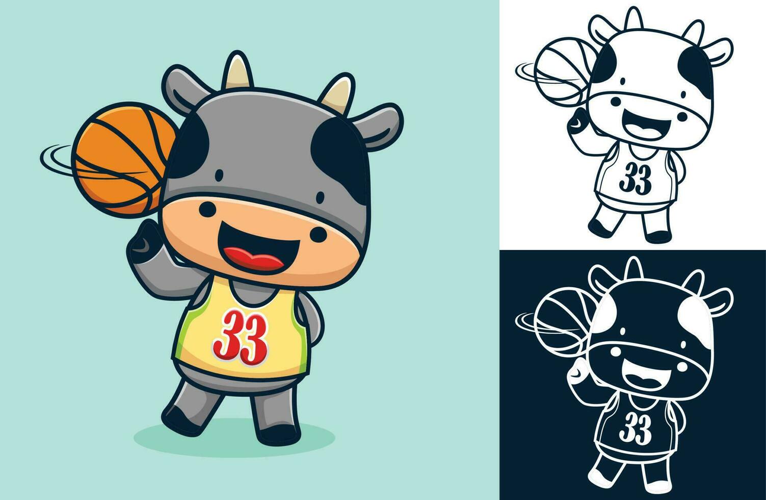 Vector cartoon illustration of cute cow the basketball player twisting ball