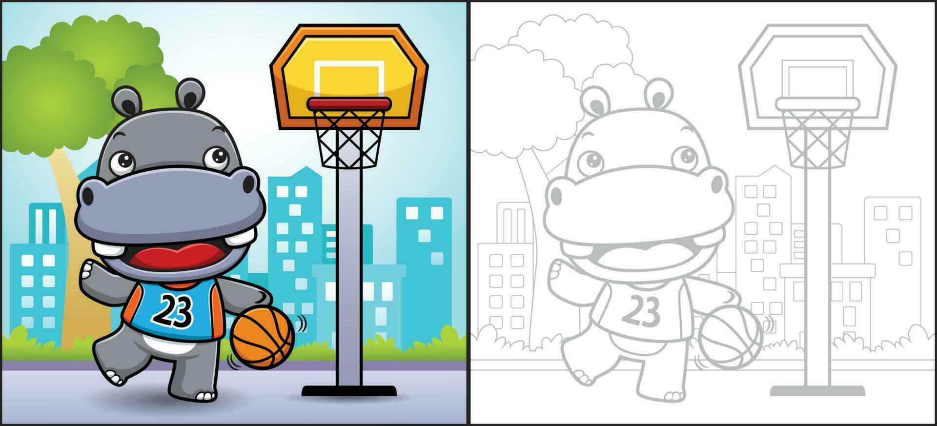 Cartoon of hippo playing basketball on buildings background. Coloring book or page vector