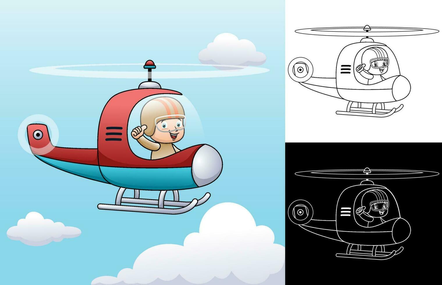 Vector cartoon of helicopter with little pilot. Coloring book or page