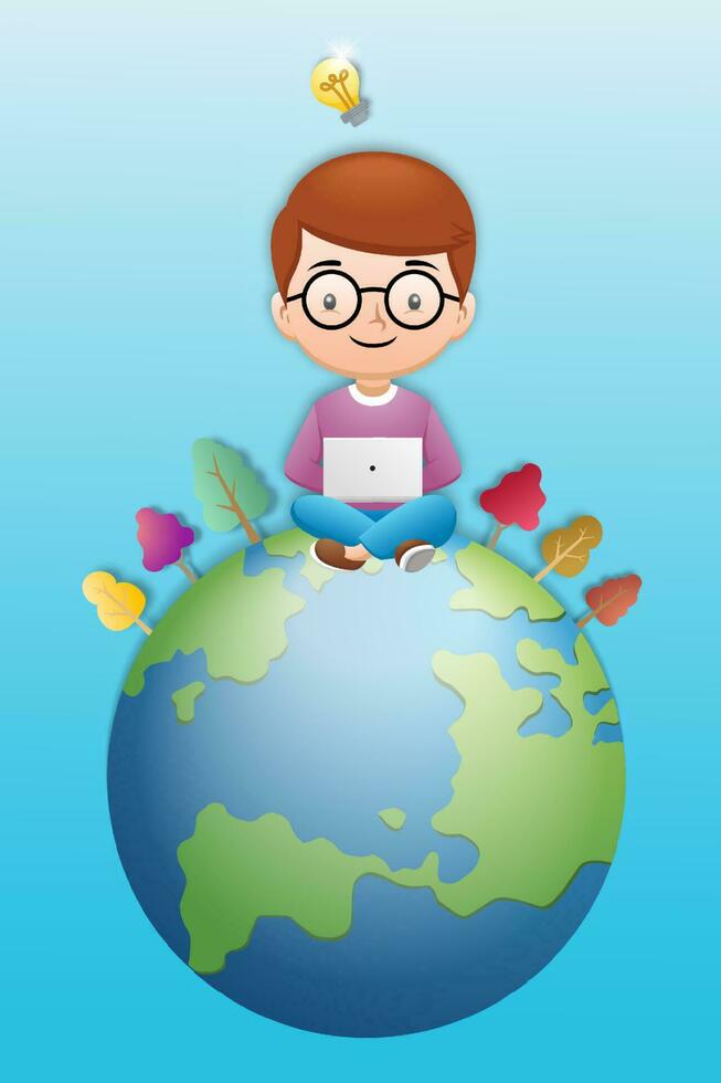 Cartoon of little kid sitting on earth globe operating laptop with trees and lightbulb on his head vector