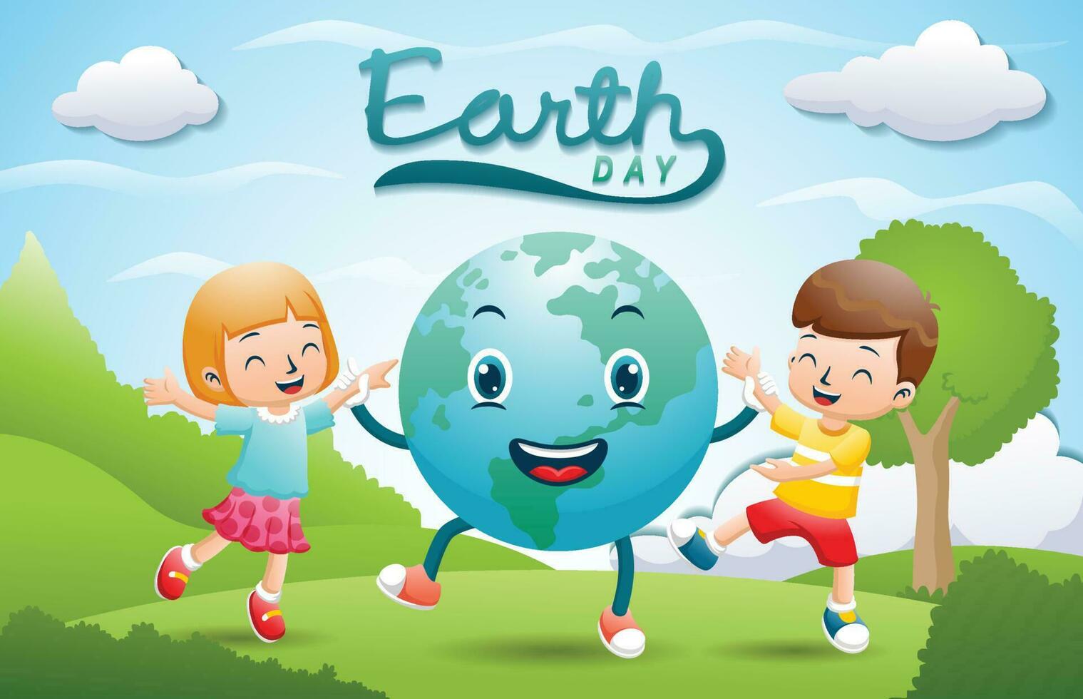 Vector cartoon illustration of children with funny earth in nature