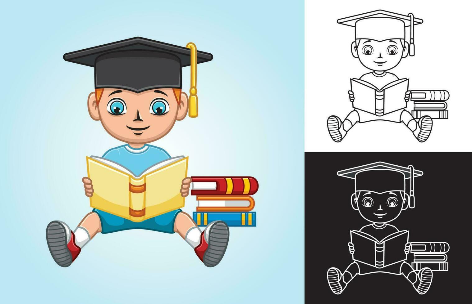 Cartoon little boy wearing graduation cap is reading book vector