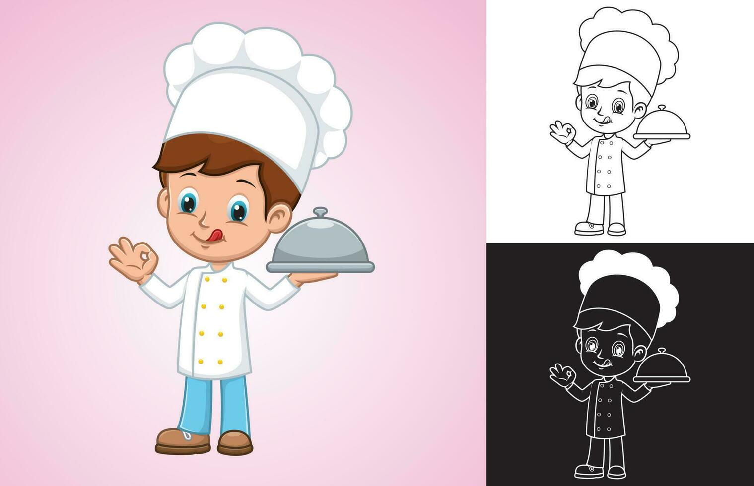 Vector cartoon of chef boy serving food