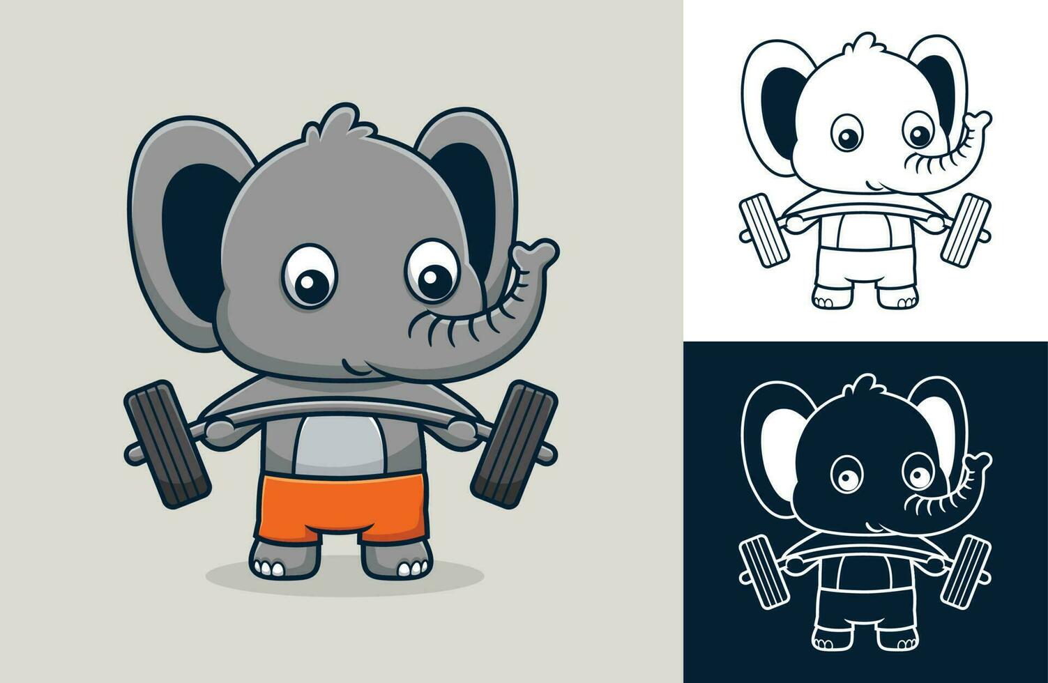 Vector illustration of cartoon cute elephant lifting barbells