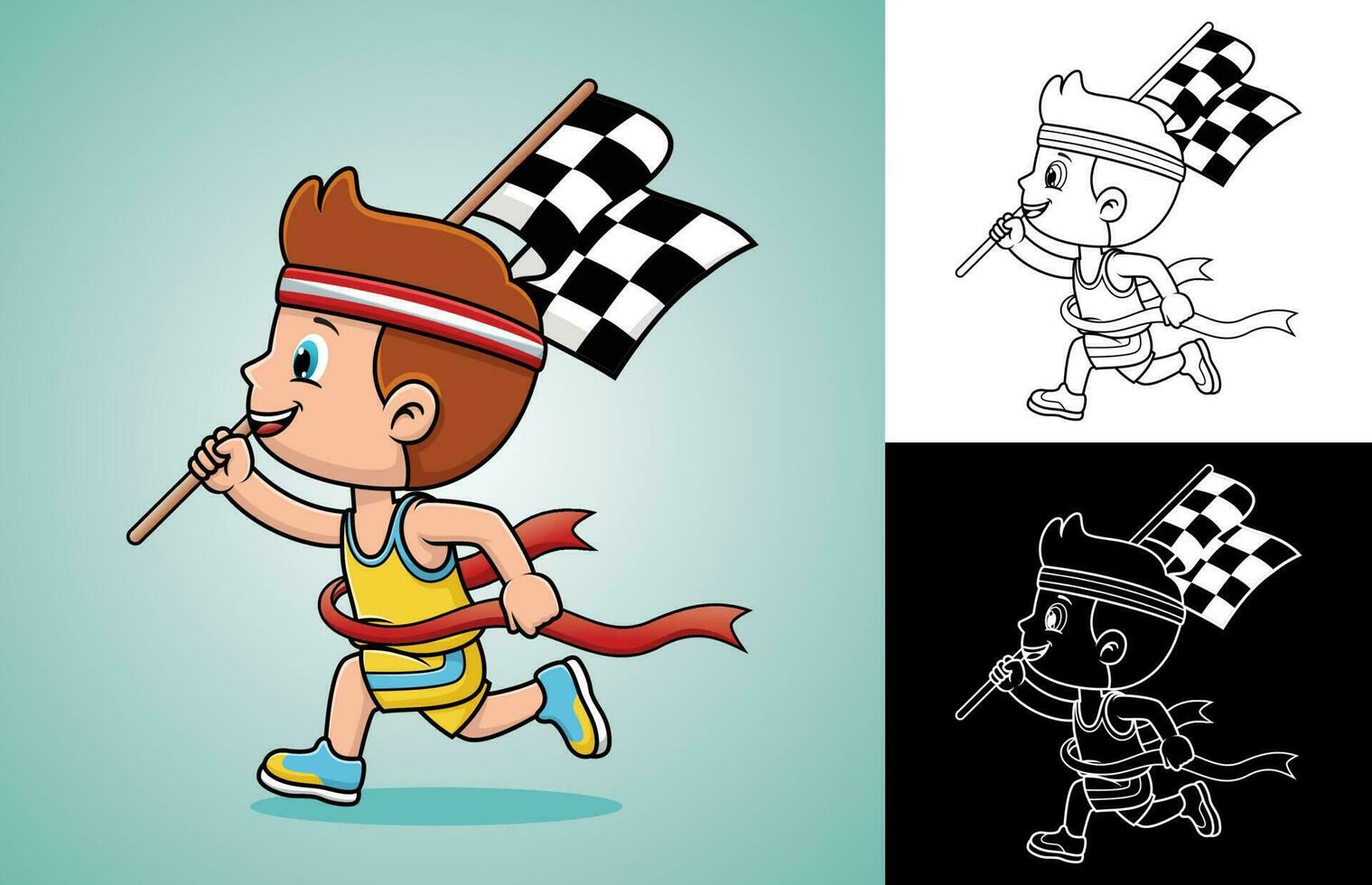 Vector cartoon of boy winning first place in running race competition while carrying finish flag