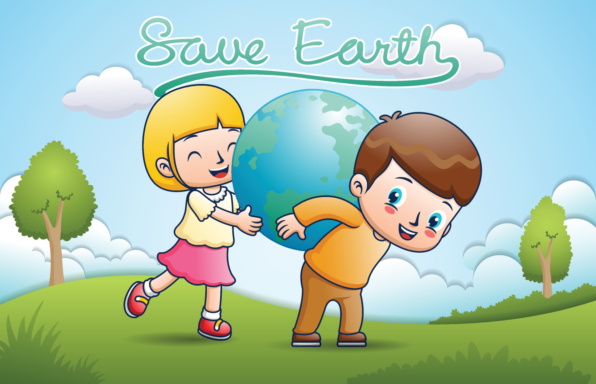Vector cartoon of kids bearing globe earth on nature background. Kids earth day 24085047 Vector