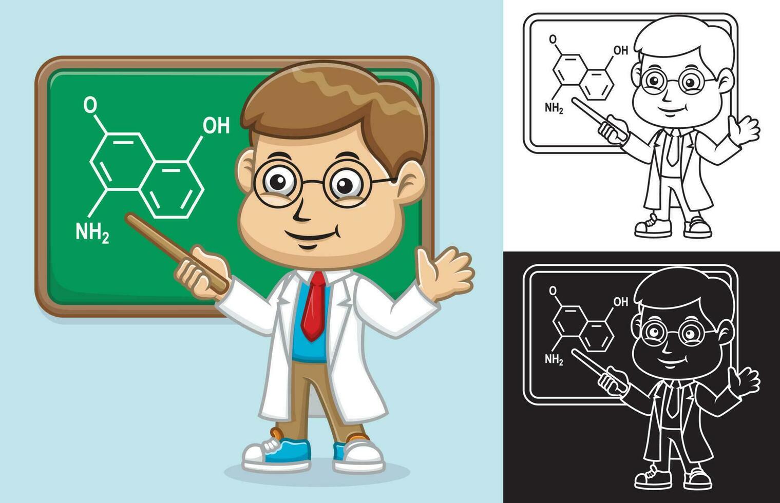 Vector illustration of cartoon scientist boy in lab coat with blackboard in classroom