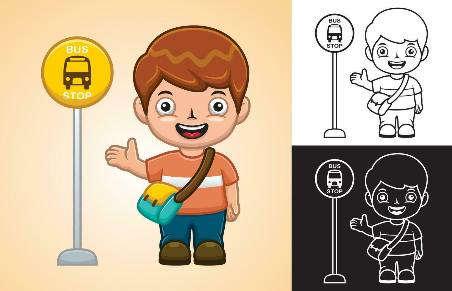 Vector cartoon of little boy standing beside bus stop sign