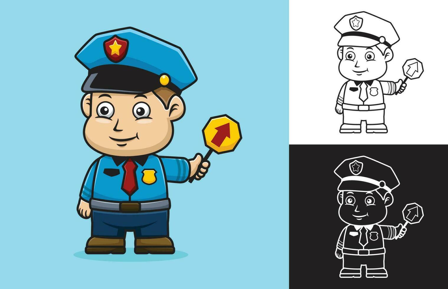 Vector illustration of cartoon boy in traffic cop uniform holding traffic sign