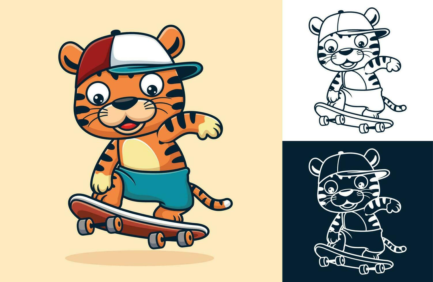 vector ilustración de dibujos animados gracioso Tigre vistiendo sombrero jugando patineta