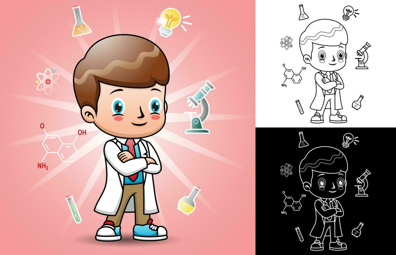 Little scientist cartoon with icon elements of laboratory equipment vector