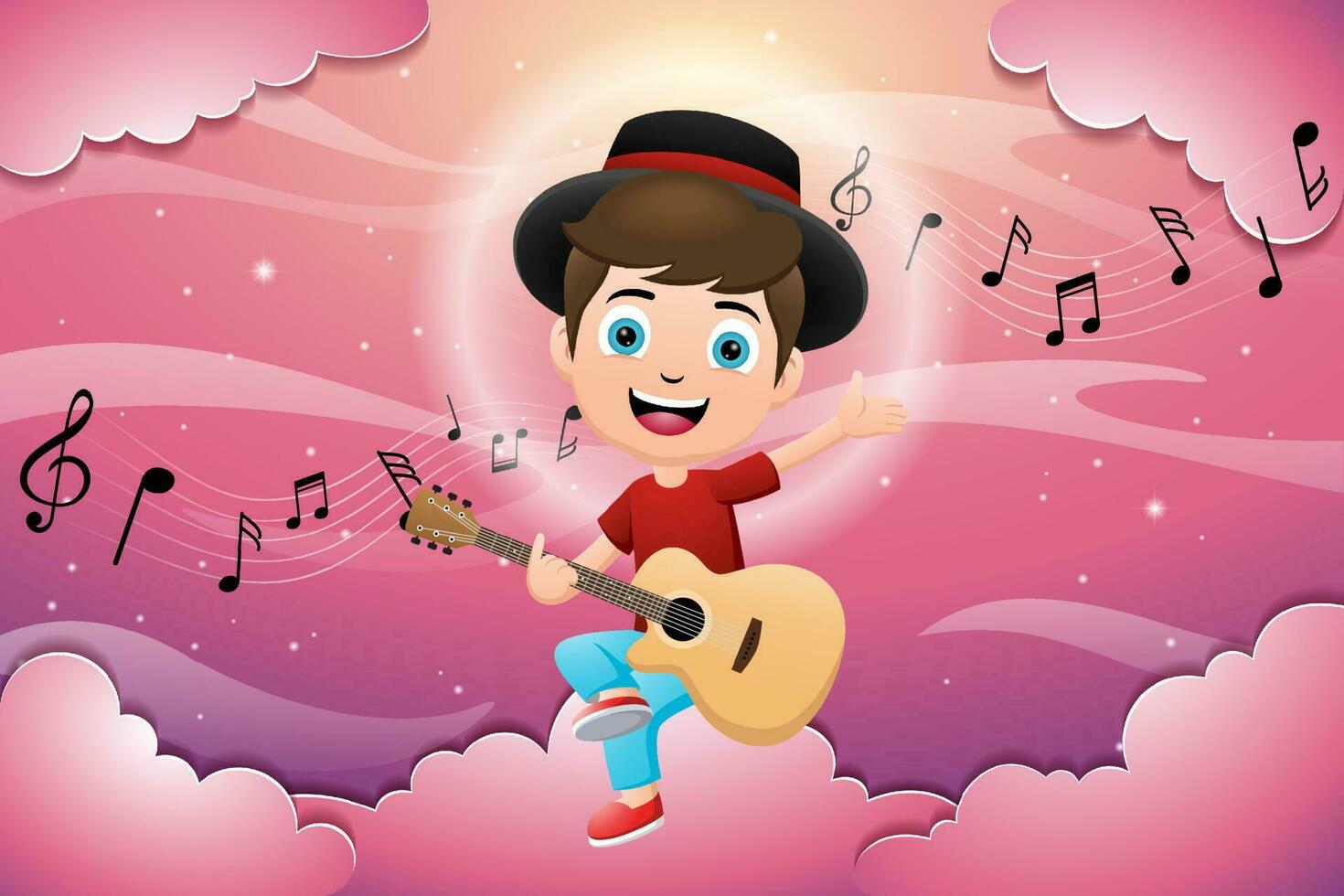 Cartoon of boy sitting on clouds while playing guitar on sky scene background vector