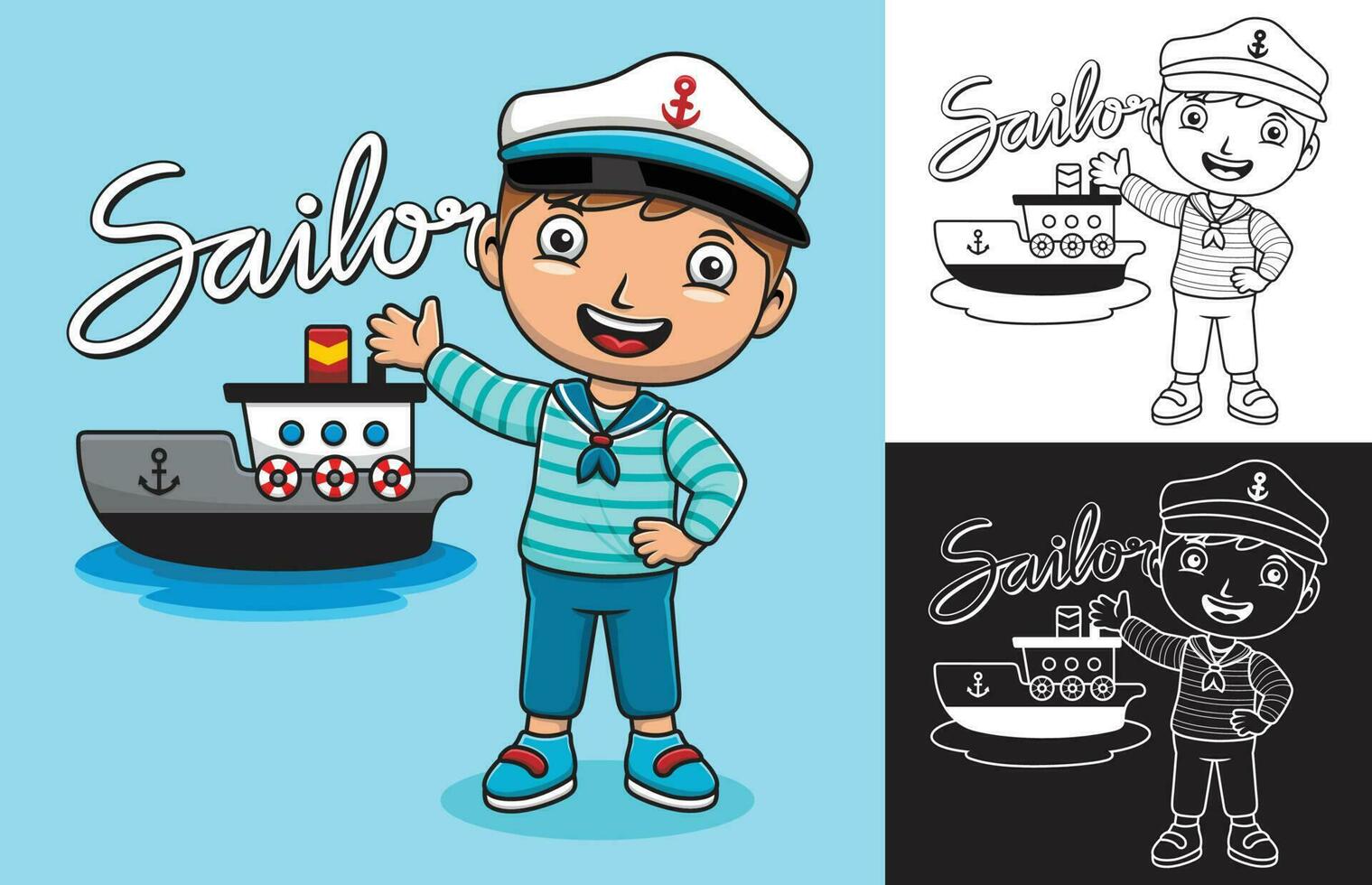 vector ilustración de dibujos animados chico en marinero uniforme con un barco