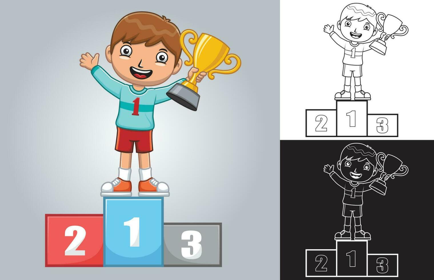 Vector illustration of cartoon boy standing on winning podium holding trophy