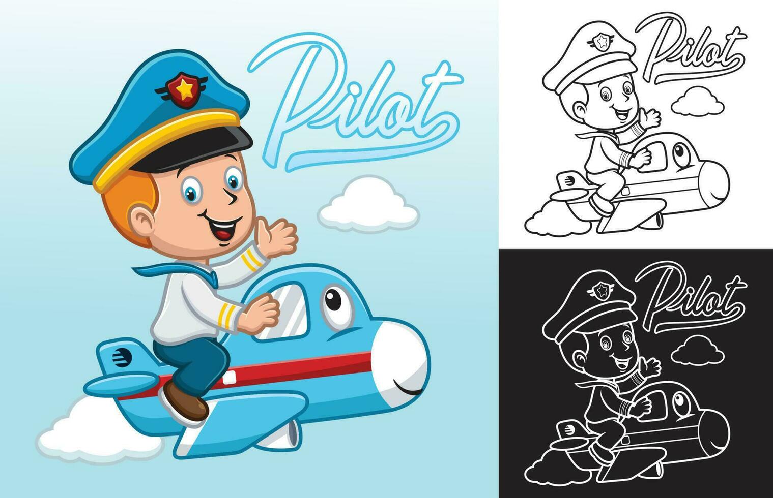 Vector illustration of cartoon boy in pilot uniform ride on funny airplane