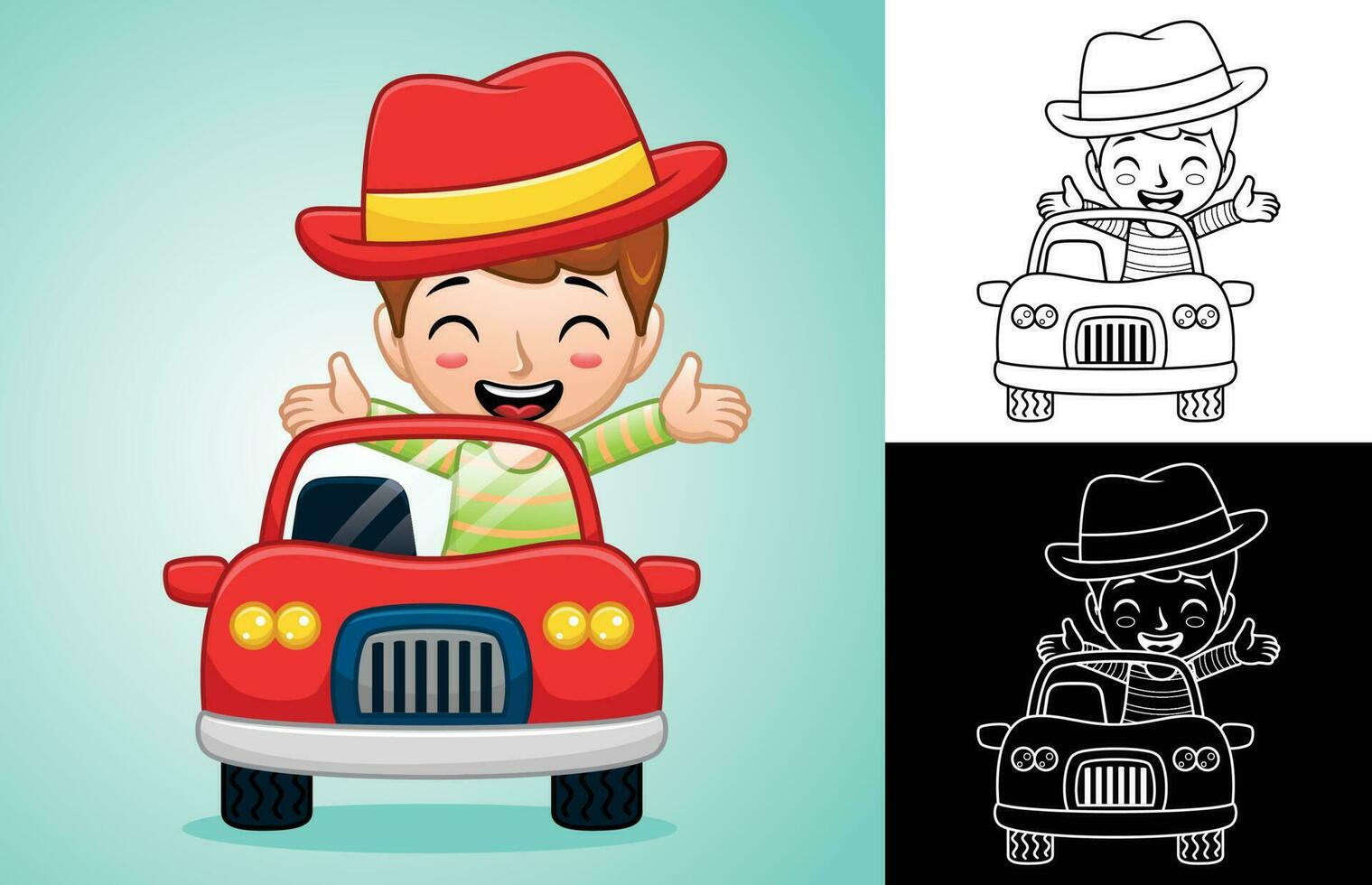 Vector cartoon of happy boy wearing cowboy hat on red car
