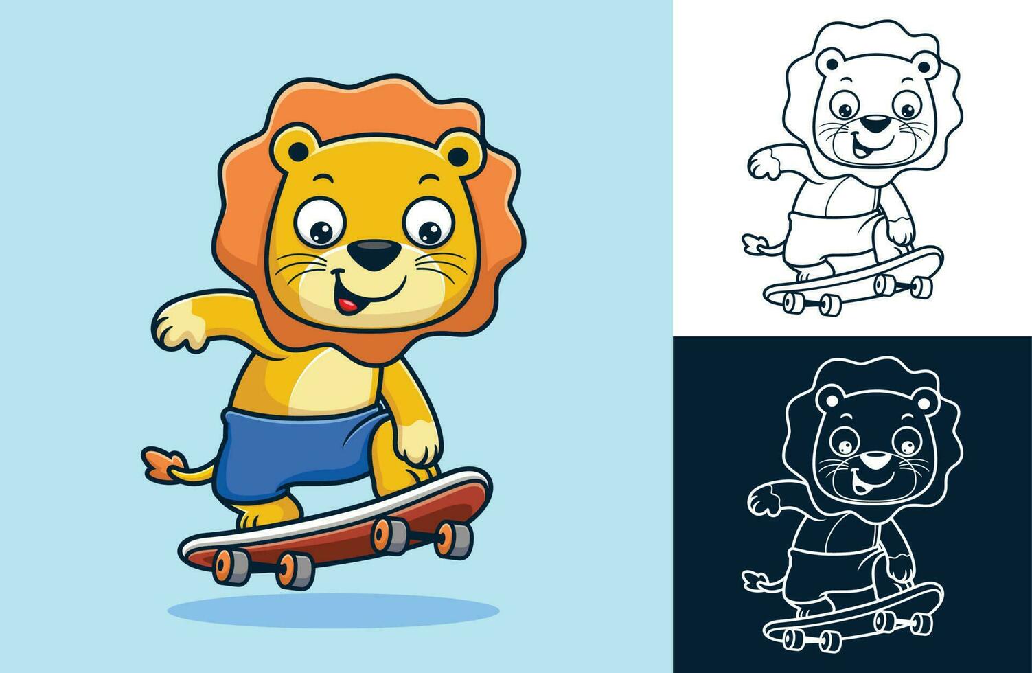 Vector illustration of cartoon funny lion playing skateboard