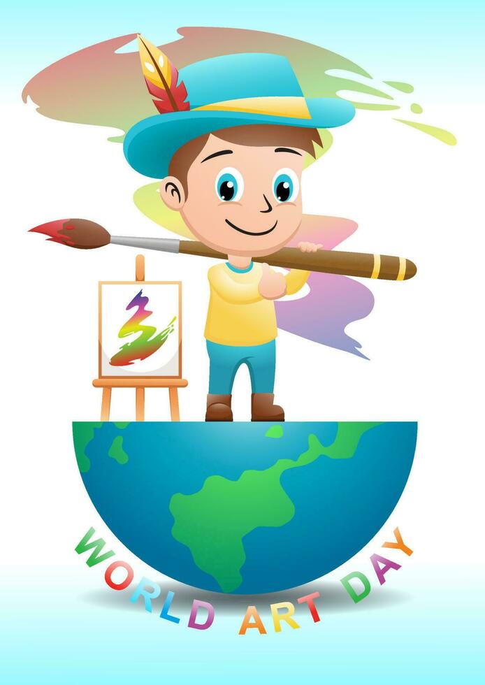 Kids painter cartoon holding big brush with canvas standing on half globe vector