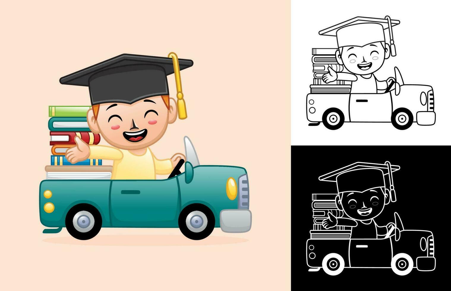 Vector cartoon of happy boy wearing graduation cap on car loading books. Coloring book or page