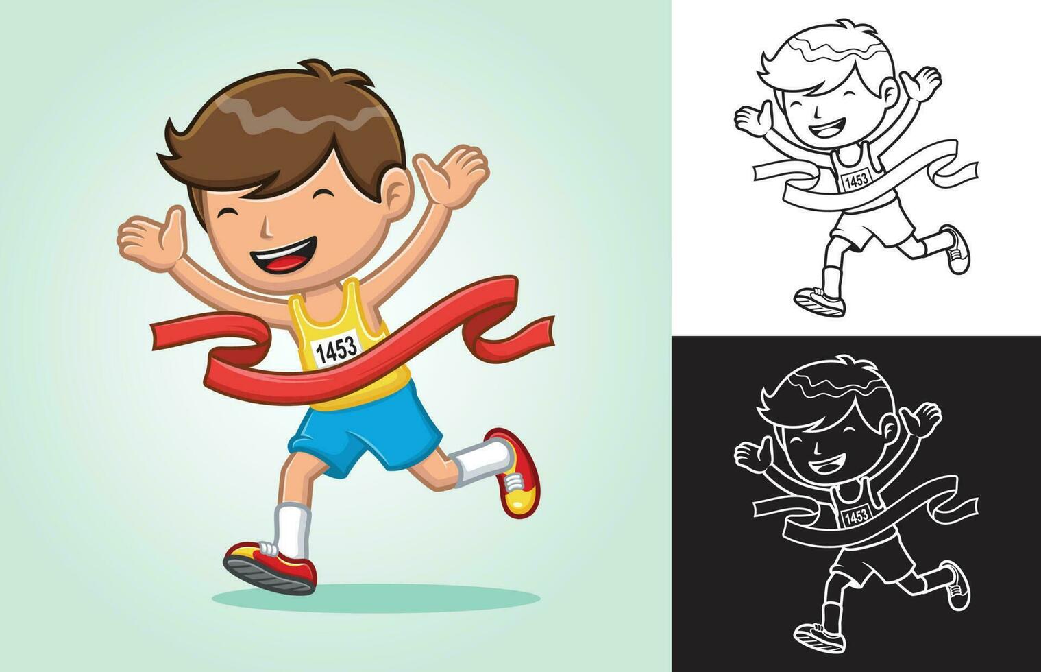 Vector illustration of cartoon boy winning first place in running race competition