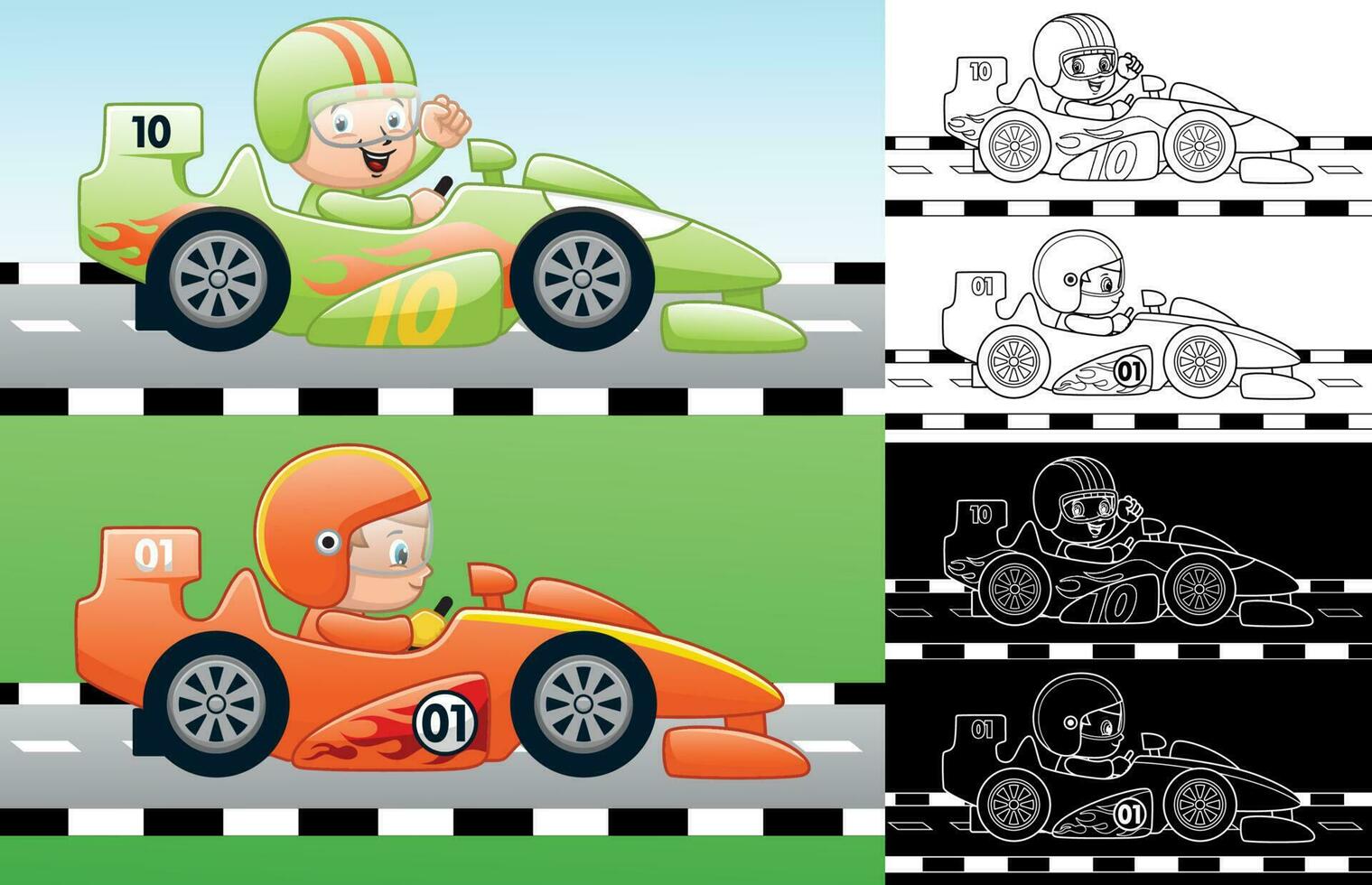 vector dibujos animados de velocidad coche carreras con pequeño chico corredor