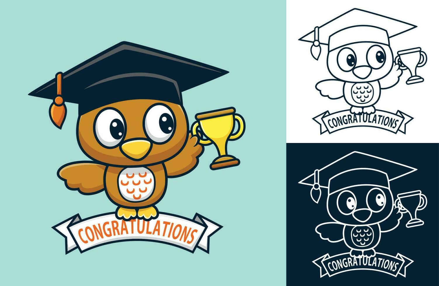 Vector illustration of little owl cartoon on ribbon wearing graduation hat holding trophy