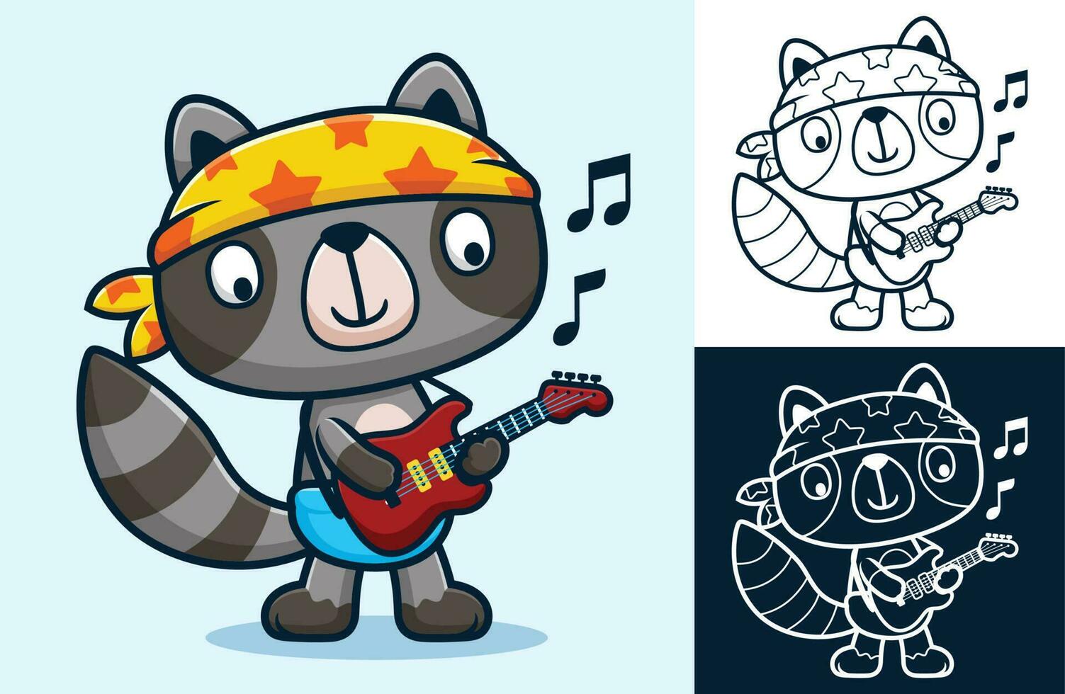 Vector illustration of cartoon funny raccoon wearing bandana playing guitar