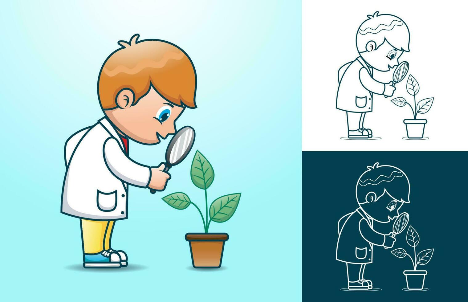 Vector illustration of little scientist cartoon examines leaf of tree through magnifying glass