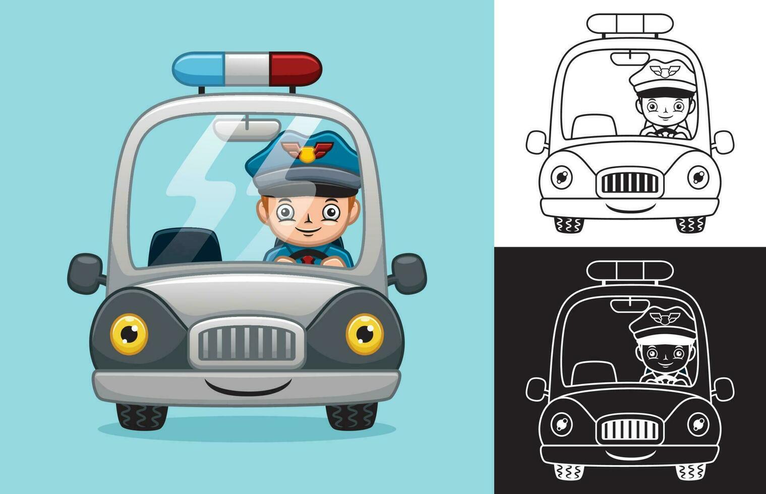 Vector cartoon of little policeman on police car