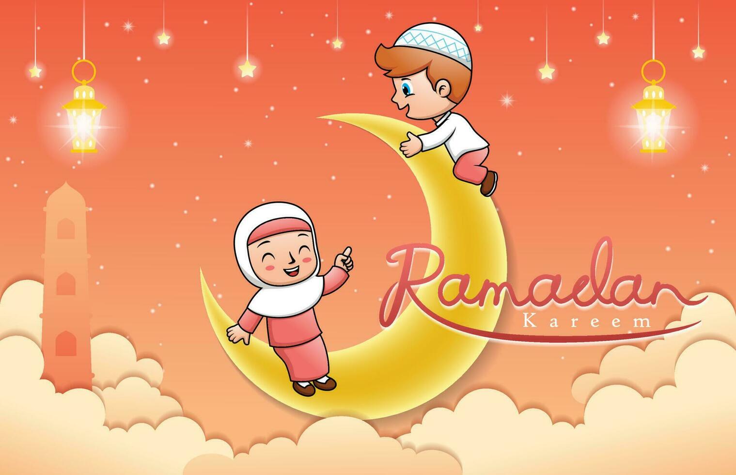 Vector cartoon illustration of cute Muslim kids on crescent moon at Ramadan month