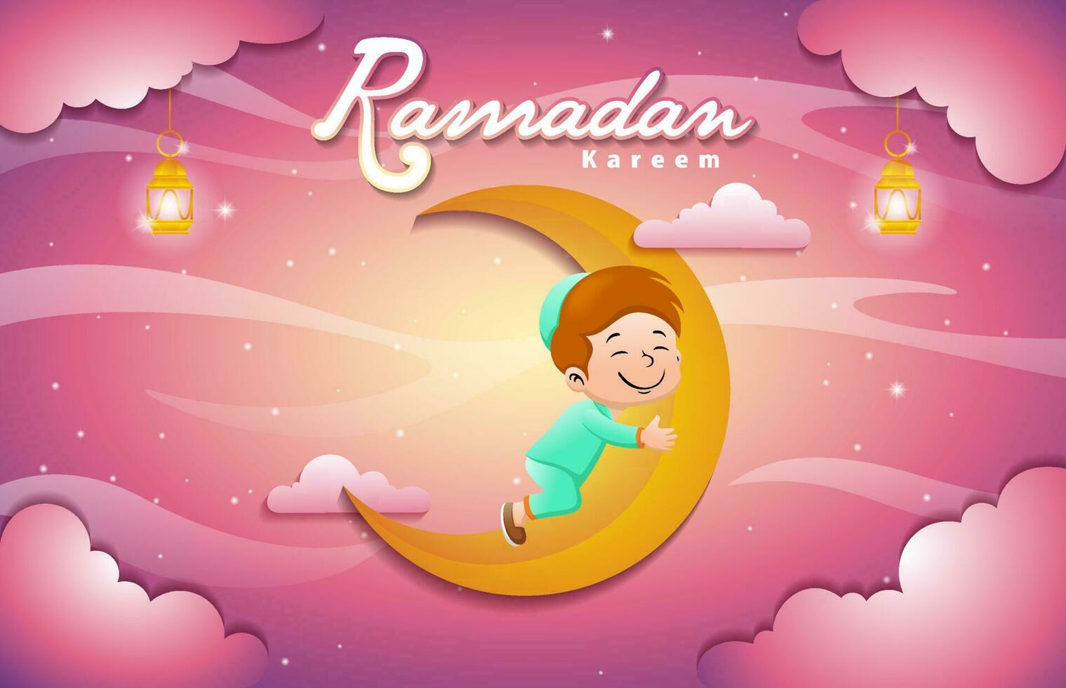 cute cartoon Muslim kids on crescent moon at Ramadan month vector
