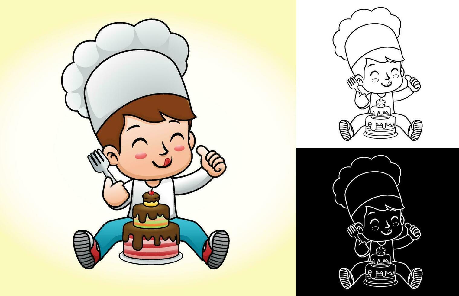 vector dibujos animados de chico en cocinero disfraz participación tenedor para comiendo pastel. colorante libro o página
