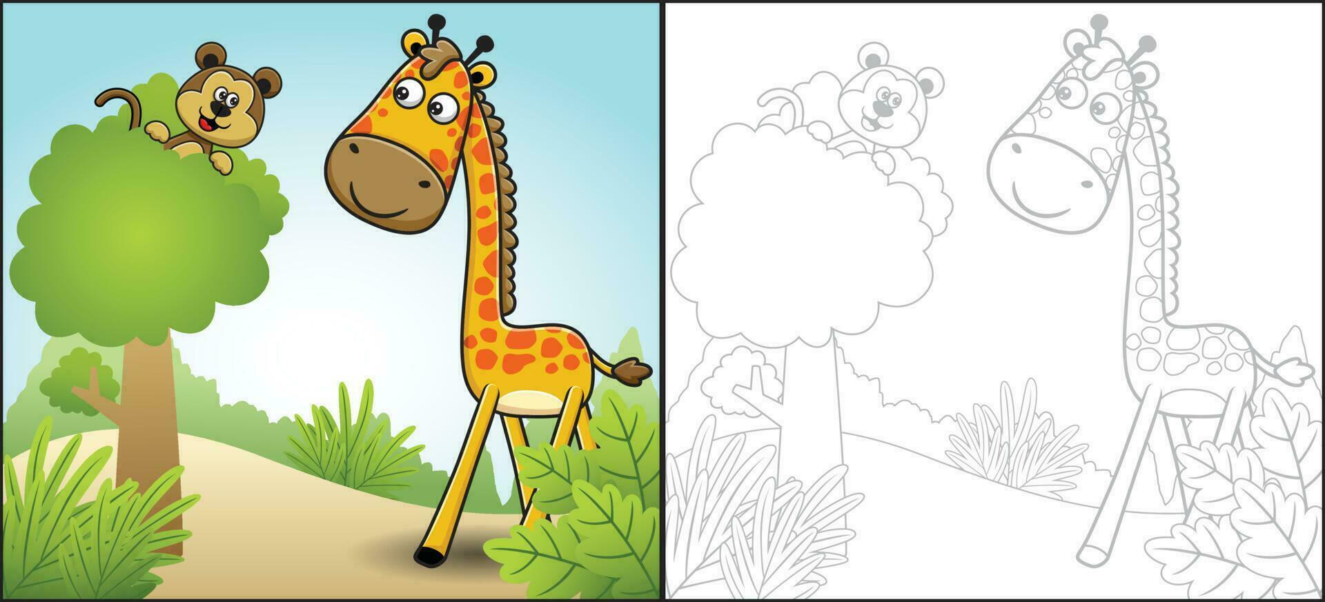 Vector cartoon of giraffe with monkey on tree in the forest. Coloring book or page