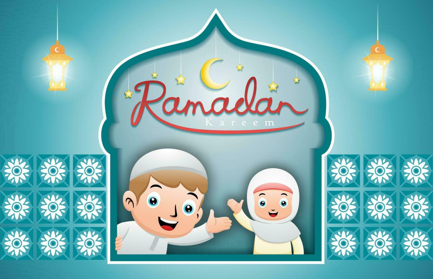 Cute Muslim kids on mosque window frame welcome the Ramadan month vector