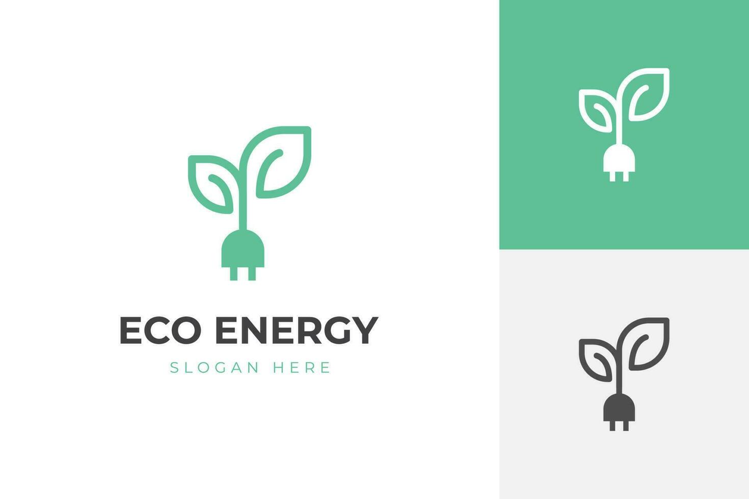 Renewable logo with green energy saving icon design. Electrical charge leaf and power plug sign design concept. Sustainable logo design vector