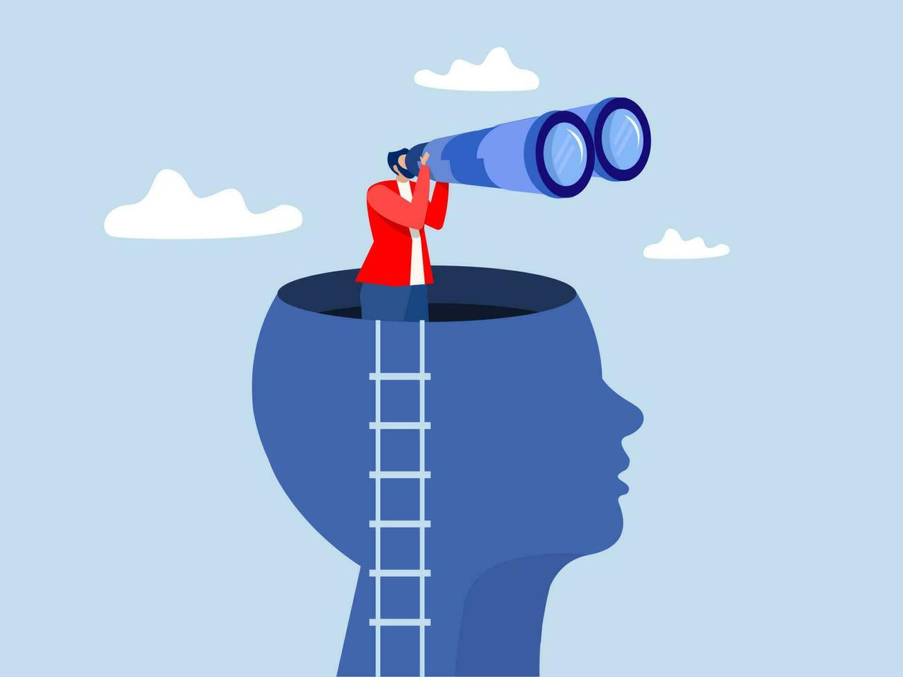 Visionary concept businessman holding huge tourists binocular  to see future for observation, discovery ,opportunity, challenge for clear vision on head vector