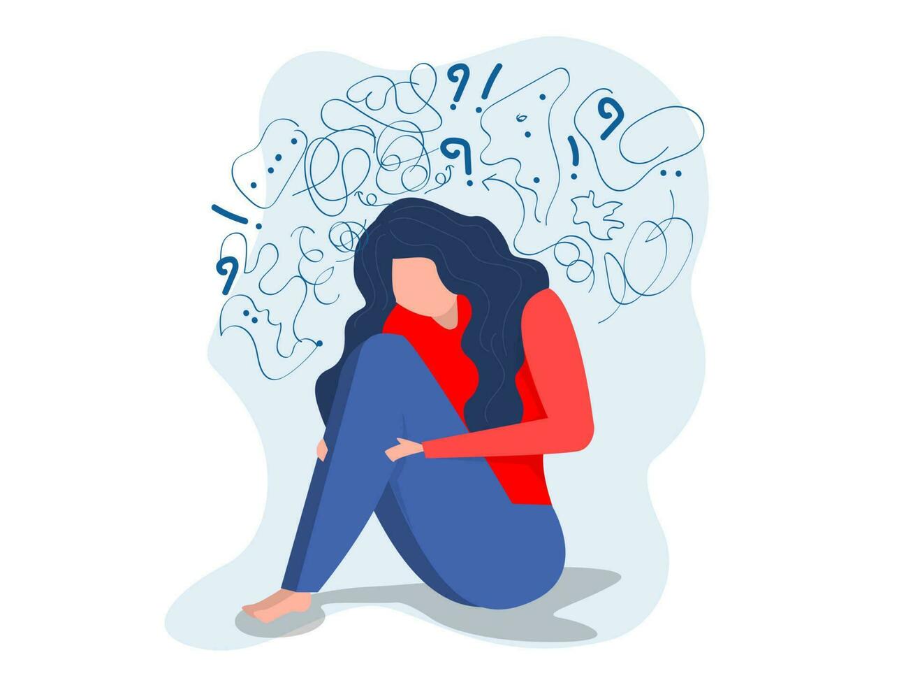 woman suffers from obsessive thoughts headache unresolved issues psychological trauma depression.Mental stress panic mind disorder illustration Flat vector illustration.