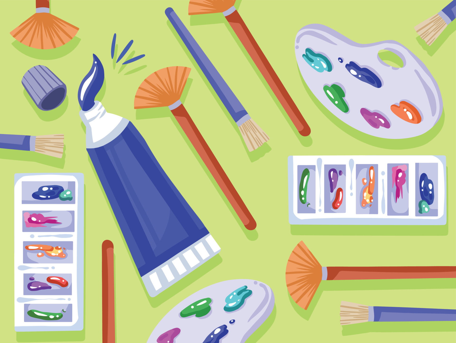 Painting set from brush, paint tube, palette vector illustration
