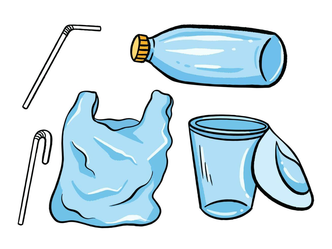 Plastics object like straws, bottle, plastic bag, plastic glass vector illustration set collection isolated on horizontal white background template. Simple flat drawing with outline cartoon art style.