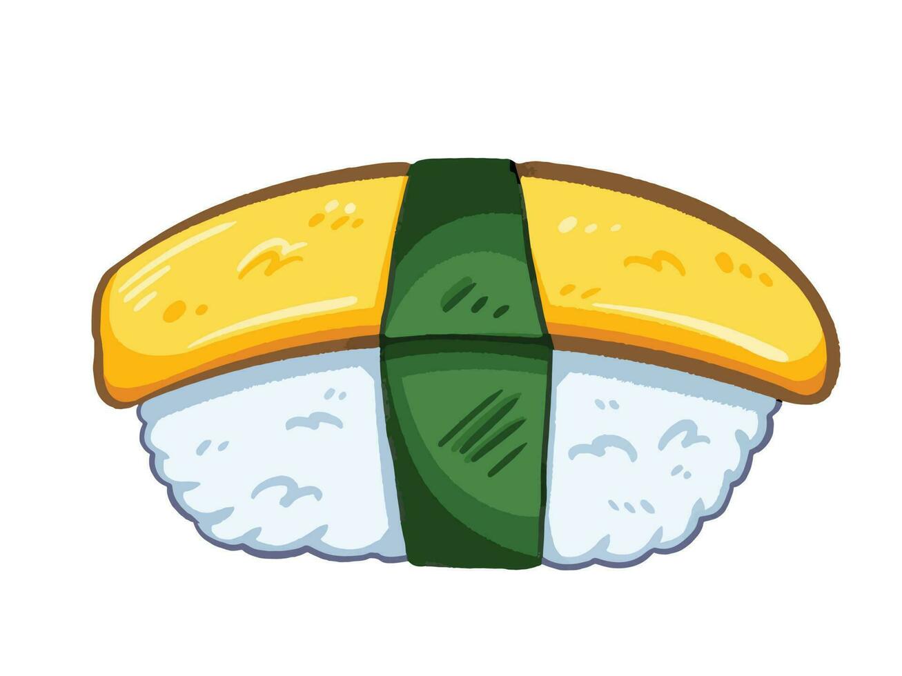 tamago huevo Sushi con algas marinas nori y arroz. suave, dulce, y delicioso japonés comida vector ilustración aislado en blanco horizontal antecedentes. texturizado resumido dibujos animados sencillo Arte estilizado dibujo.