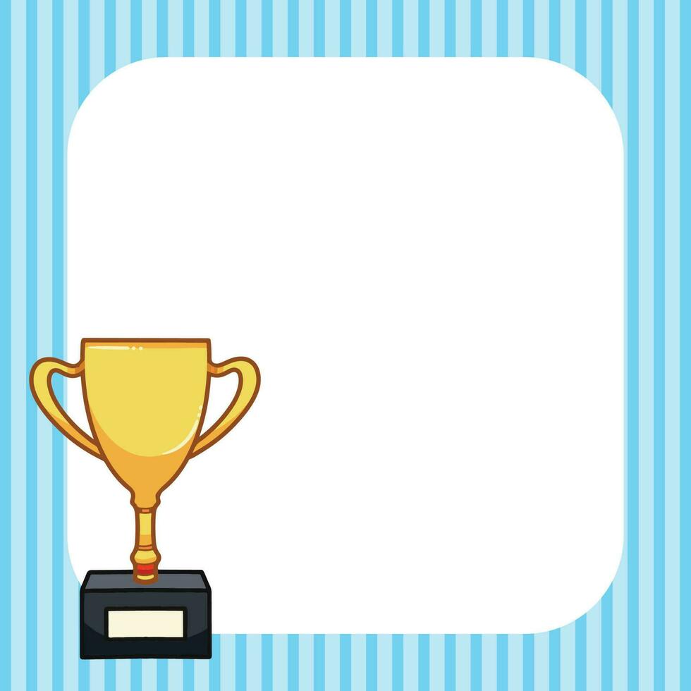 Golden number one trophy outlined cartoon vector illustration with white copy space for text isolated on blue striped square background. Empty negative space  for cover title design or poster.