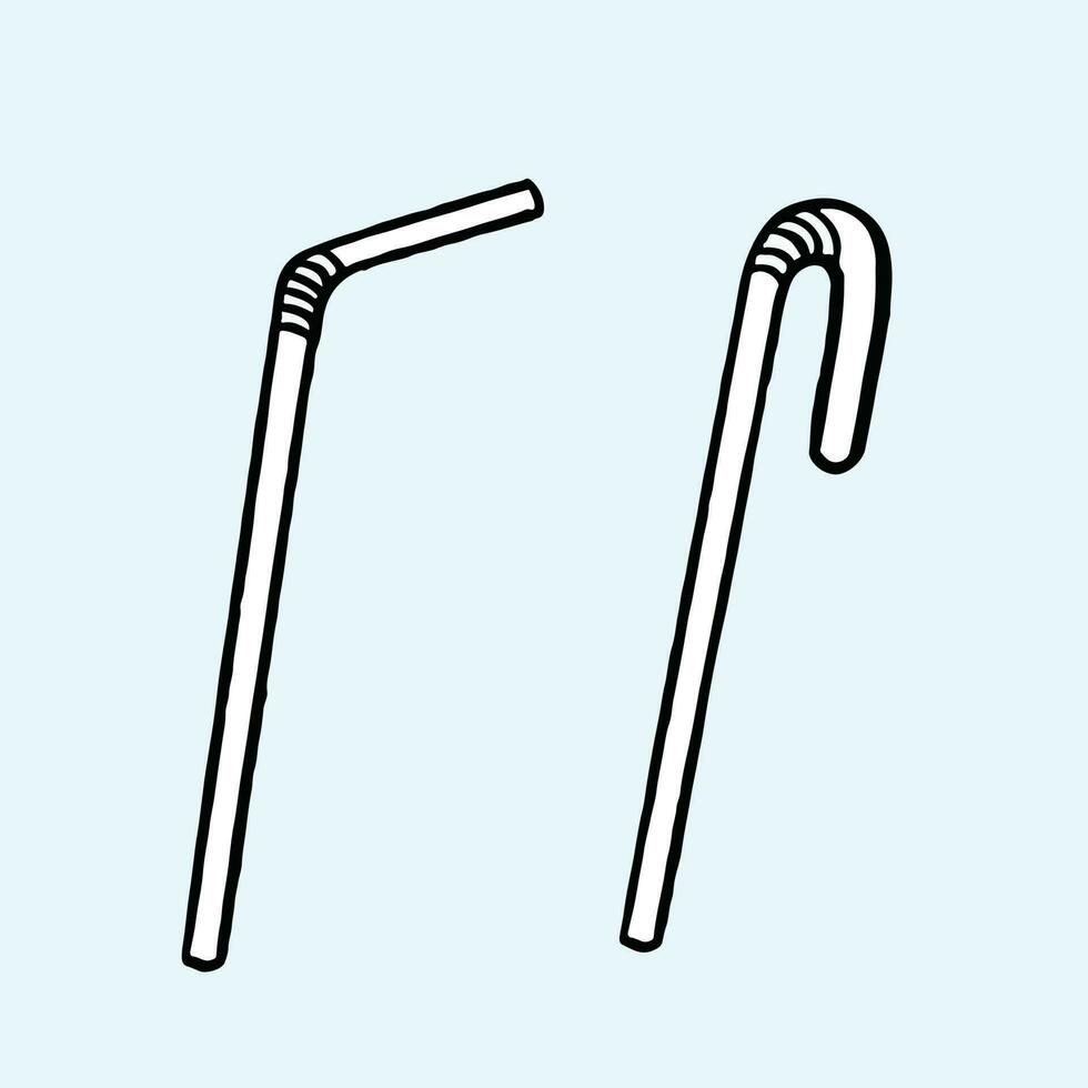 White plastic straws cartoon outlined vector illustration isolated on square light blue background. Simple flat drawing with outlined cartoon art style.