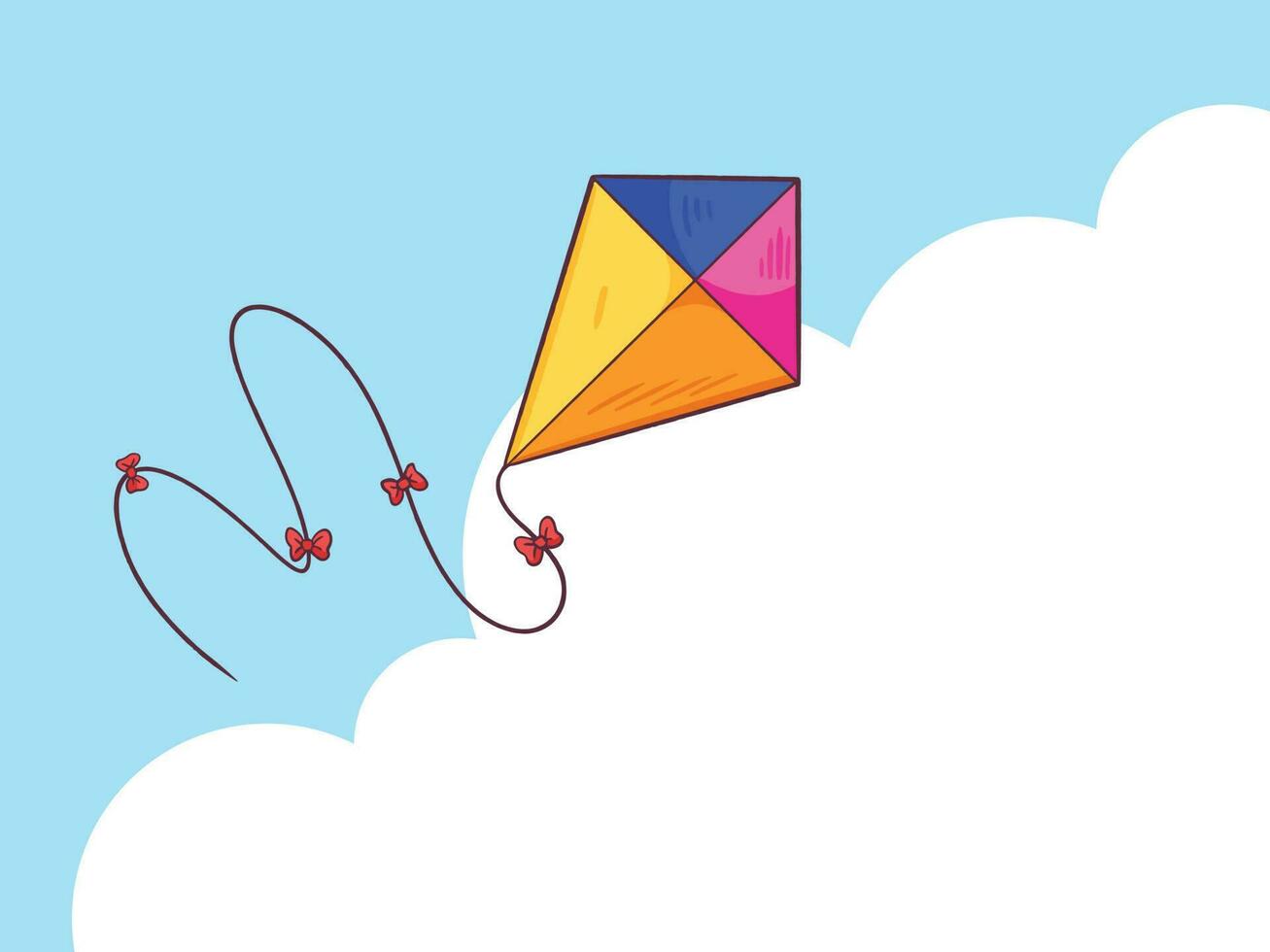 Colorful flying kite vector illustration isolated on blue sky and white cloud horizontal background wallpaper with empty copy space. Traditional game themed drawing with simple flat art style.