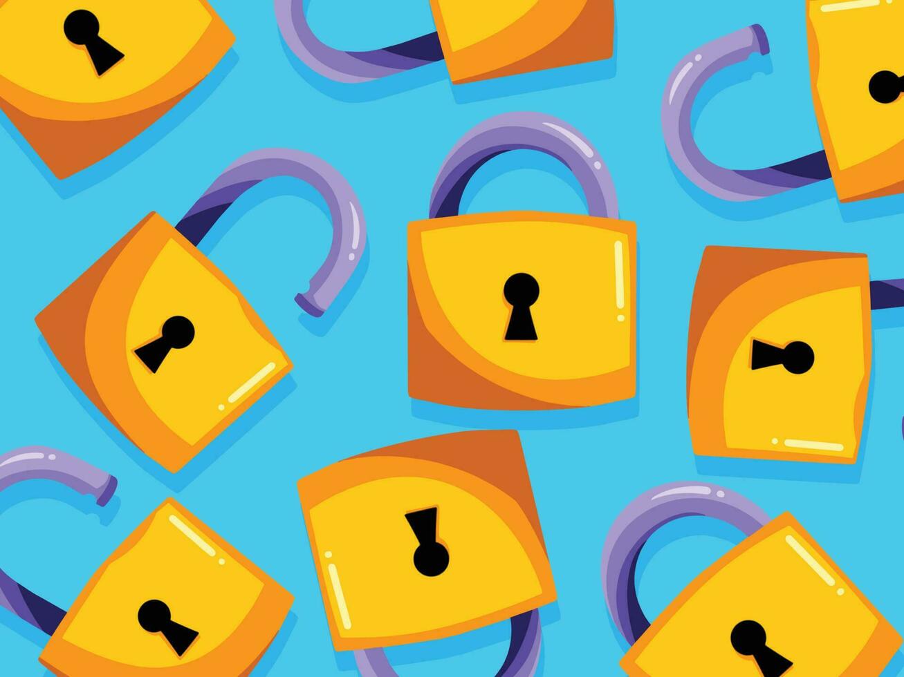 Golden yellow colored padlocks with open and closed form vector illustration pattern isolated on bright blue horizontal background