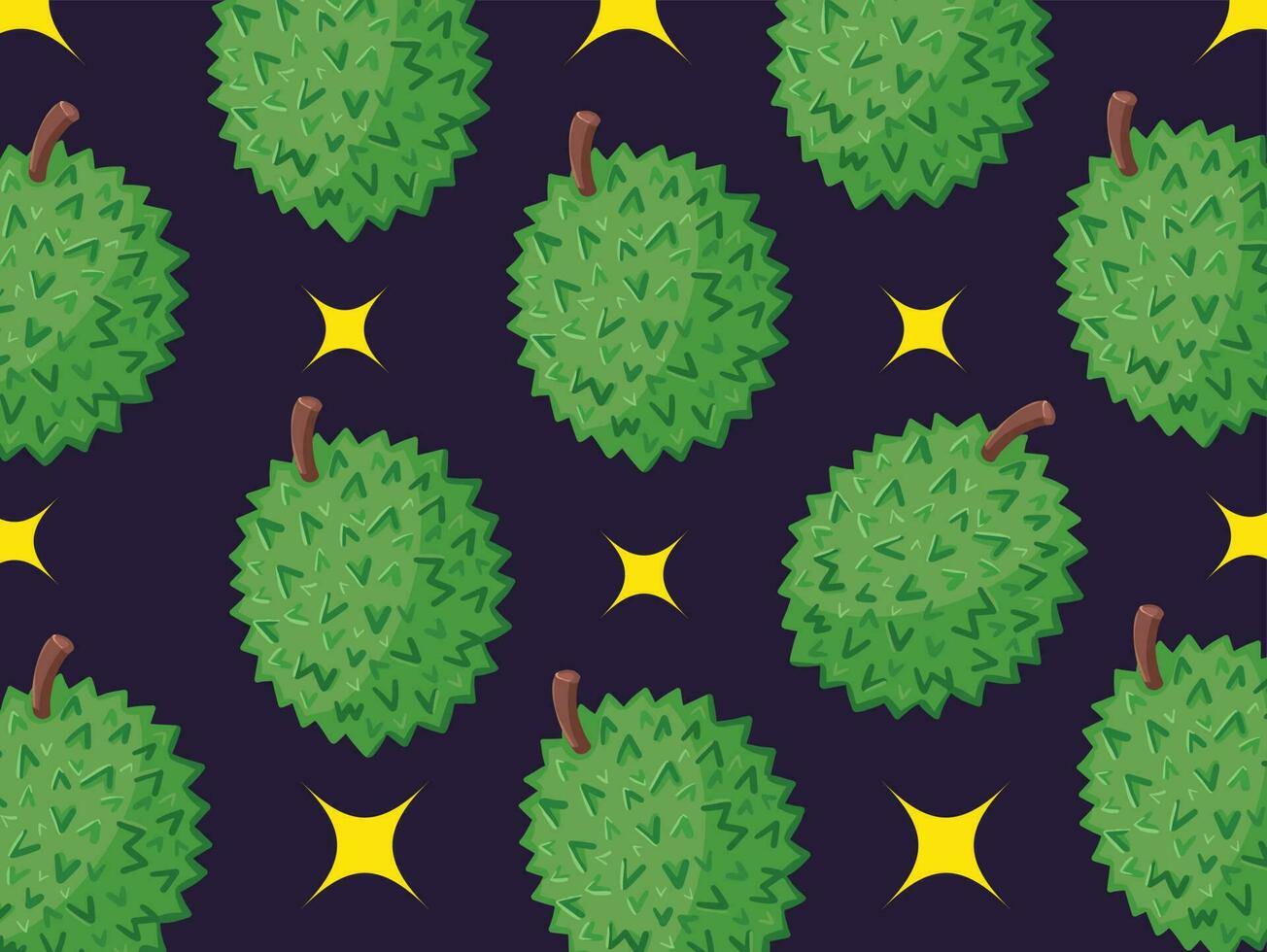 Green durian fruit pattern vector illustration isolated on dark blue horizontal background template. Simple flat plant food drawing with cartoon art style.