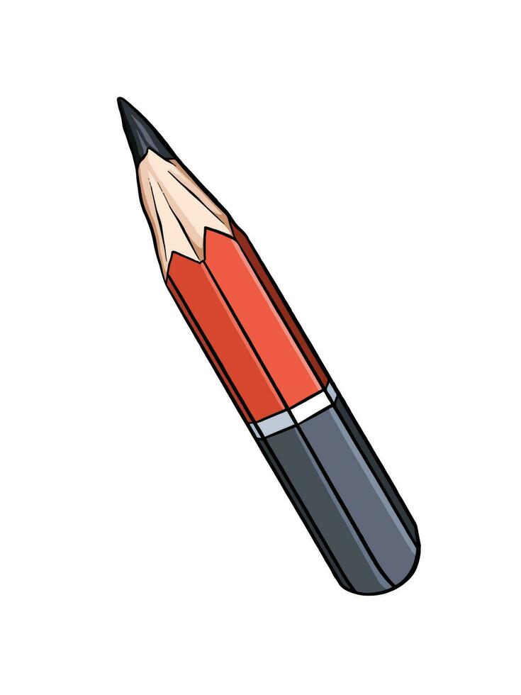 Almost finished red and black short classic wooden graphite pencil vector illustration isolated on vertical white background. Simple flat outlined cartoon art styled drawing.
