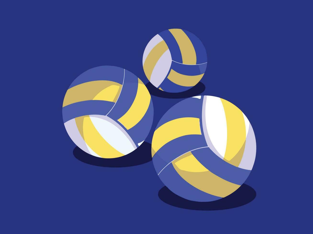 Three volley balls vector illustration isolated on dark blue horizontal background. Simple flat sports themed drawing.